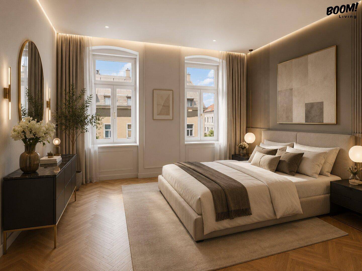 Elegantes Schlafzimmer mit Doppelbett, Fischgrätparkett und großen Fenstern für viel Tageslicht.