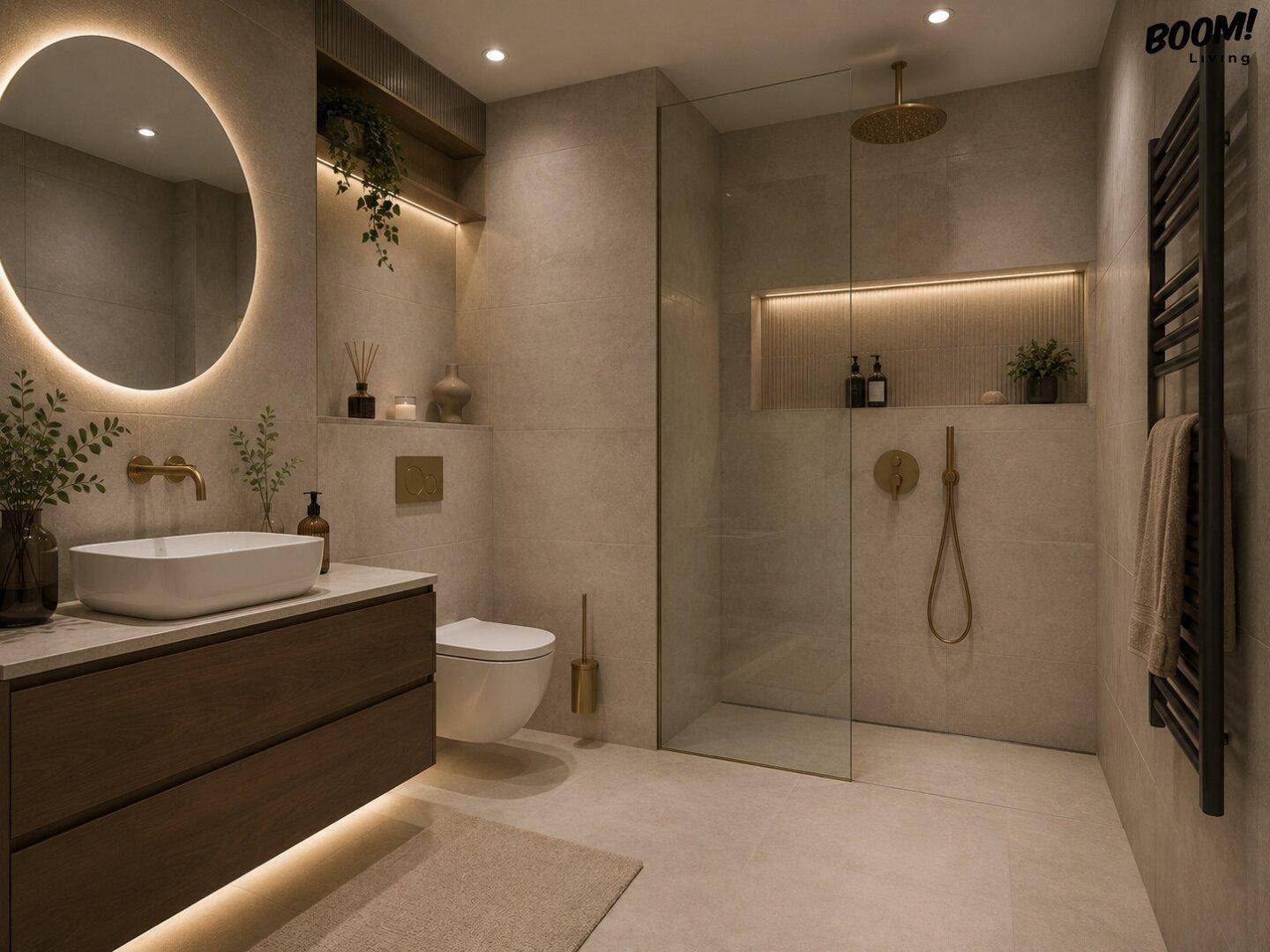 Elegantes Badezimmer mit begehbarer Dusche, beleuchtetem Spiegel und modernen Armaturen.