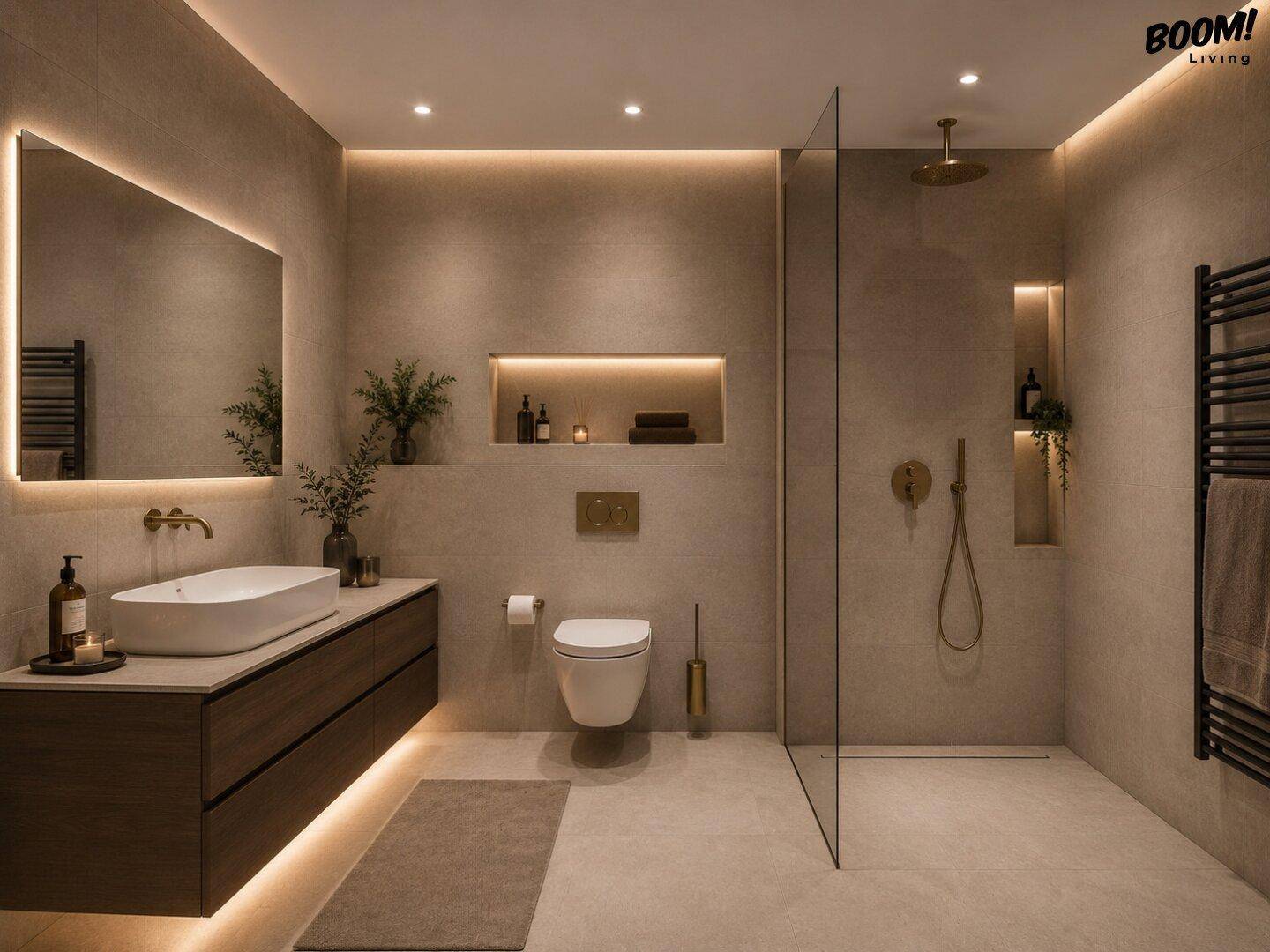 Modernes Badezimmer mit ebenerdiger Dusche, Wand-WC und beleuchtetem Spiegelschrank.