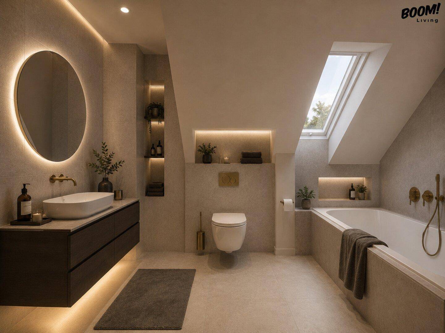 Modernes Badezimmer mit Badewanne, begehbarer Dusche, Dachfenster und indirekter Beleuchtung.