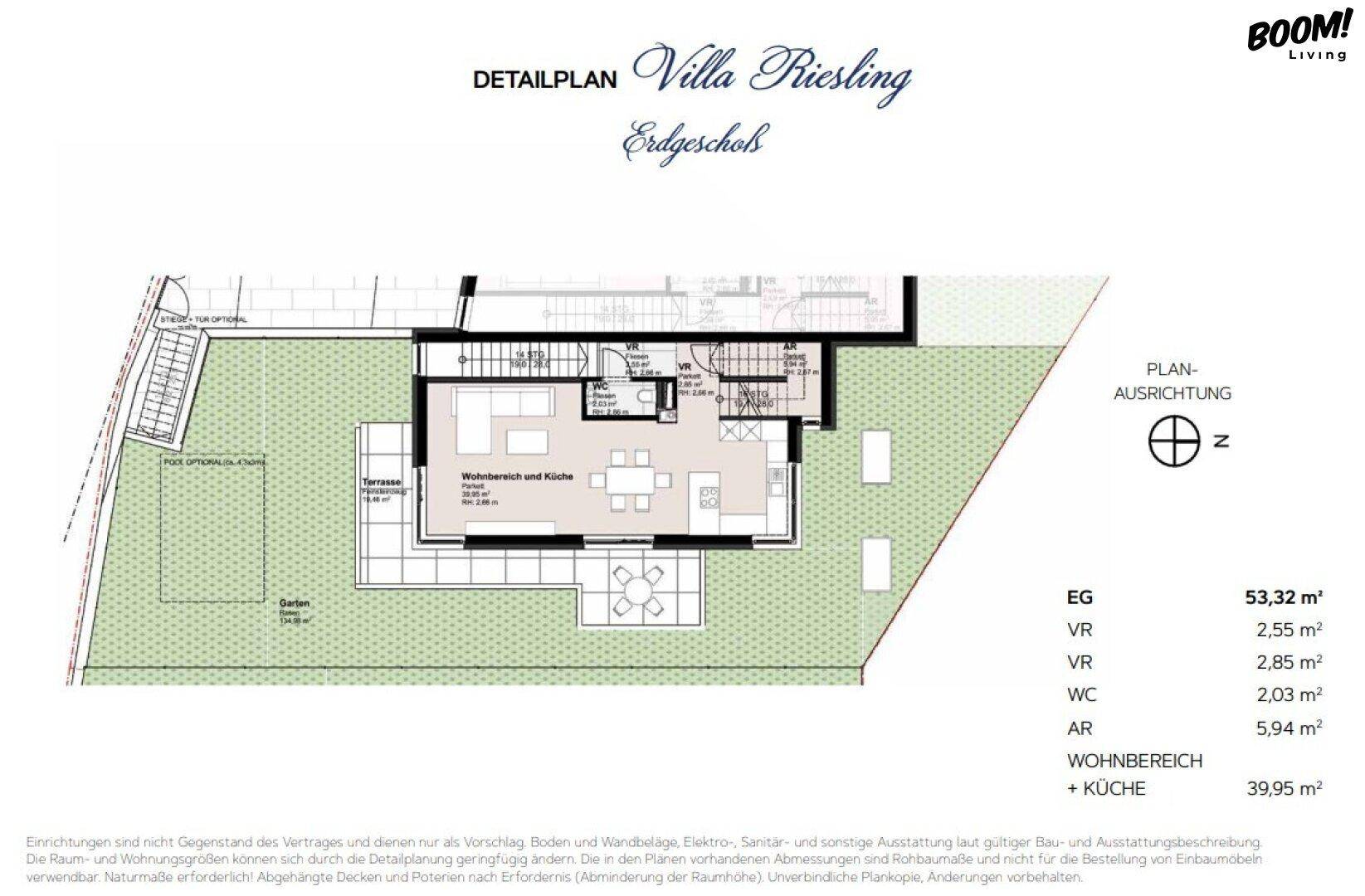 Grundriss des Erdgeschosses der Villa Riesling mit offenem Wohn- und Küchenbereich sowie Zugang zur Terrasse und Garten.