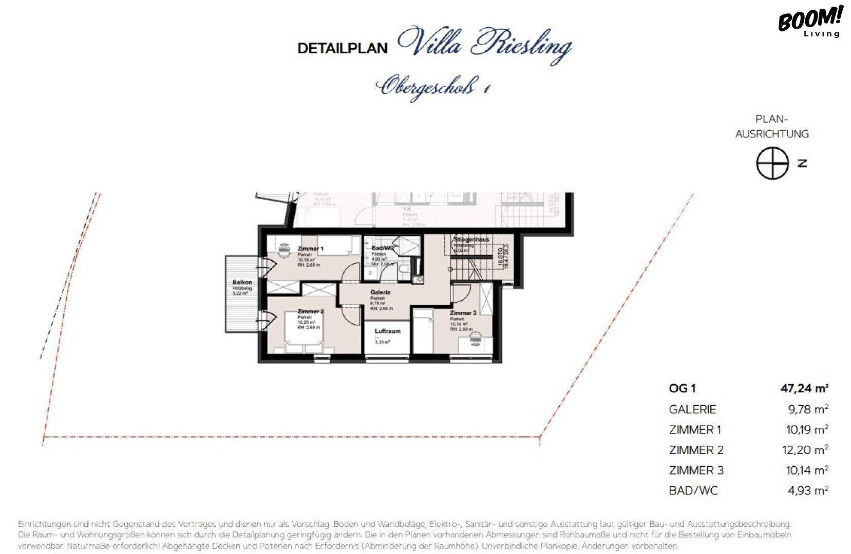Grundriss des ersten Obergeschosses der Villa Riesling mit drei Schlafzimmern, einem Badezimmer und Balkonzugang.