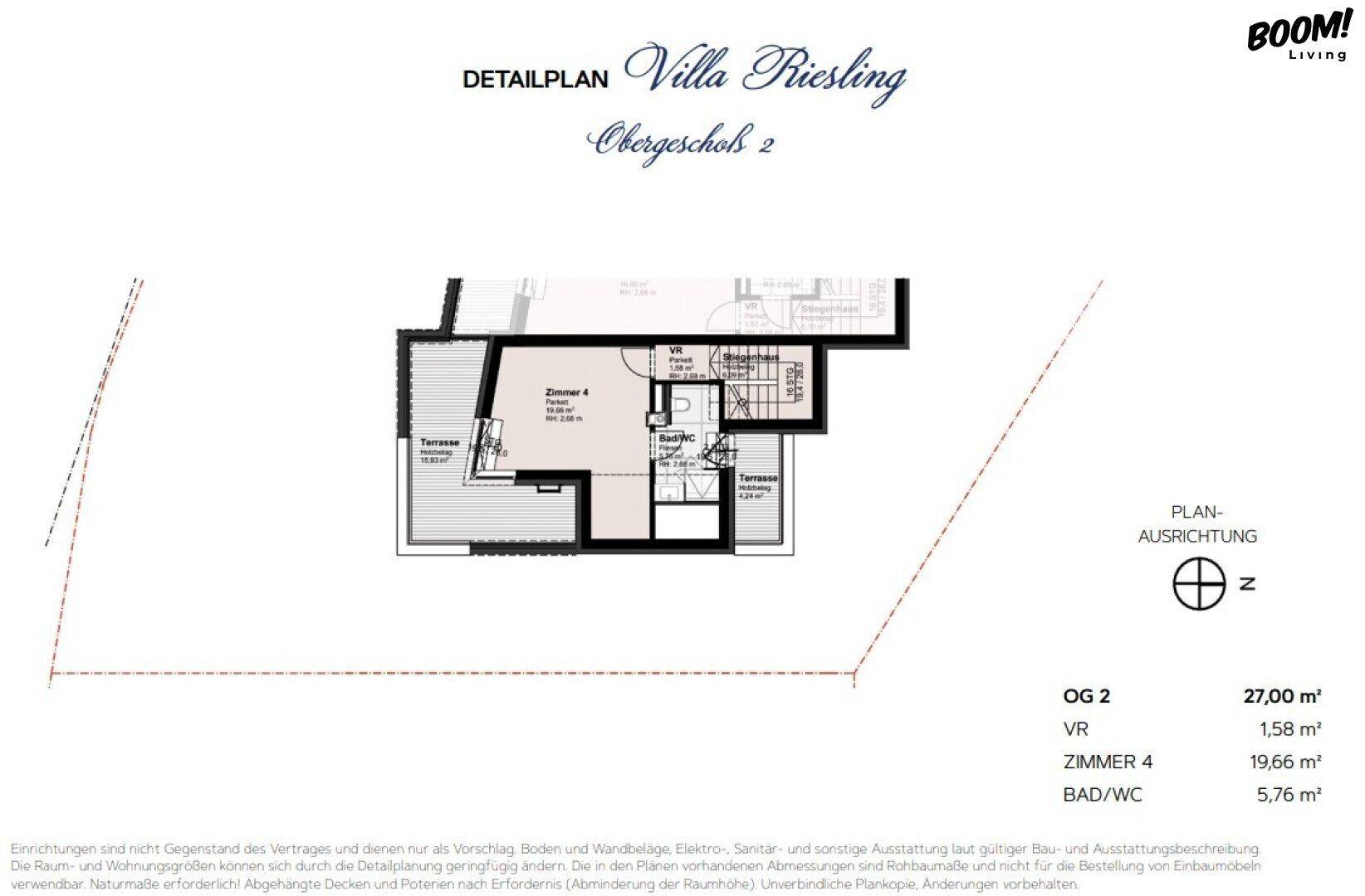 Grundriss des zweiten Obergeschosses der Villa Riesling mit einem Schlafzimmer, Badezimmer und zwei Terrassen.