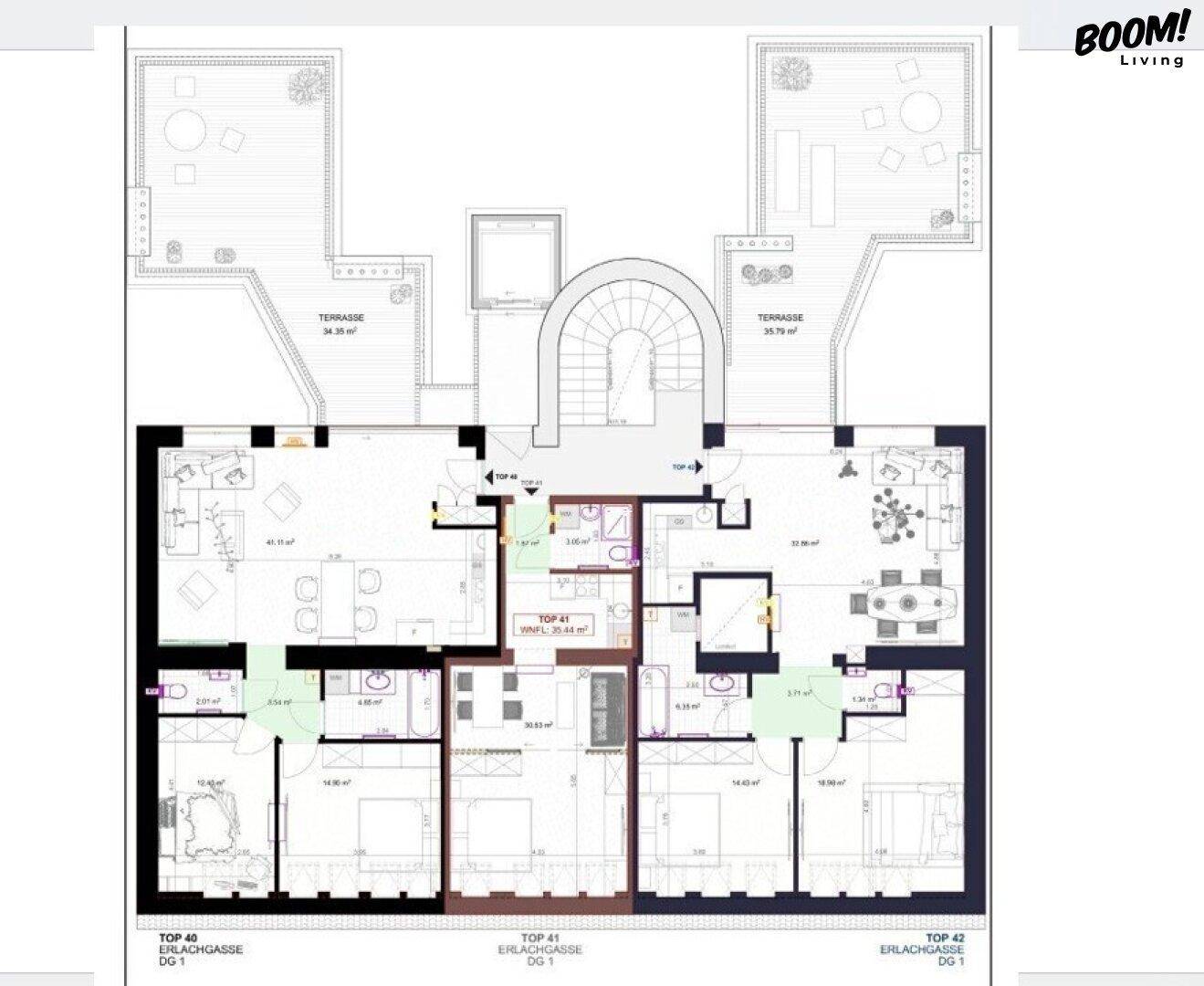Grundrissplan mit drei Wohnungen, offenem Wohnbereich und großzügigen Dachterrassen.