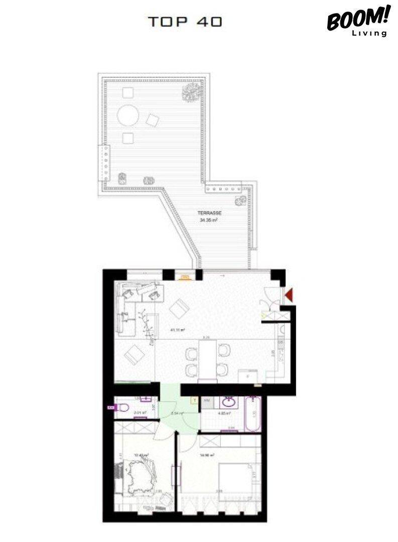Grundriss einer Wohnung mit offenem Wohnbereich, zwei Schlafzimmern, zwei Bädern und einer großen Terrasse.