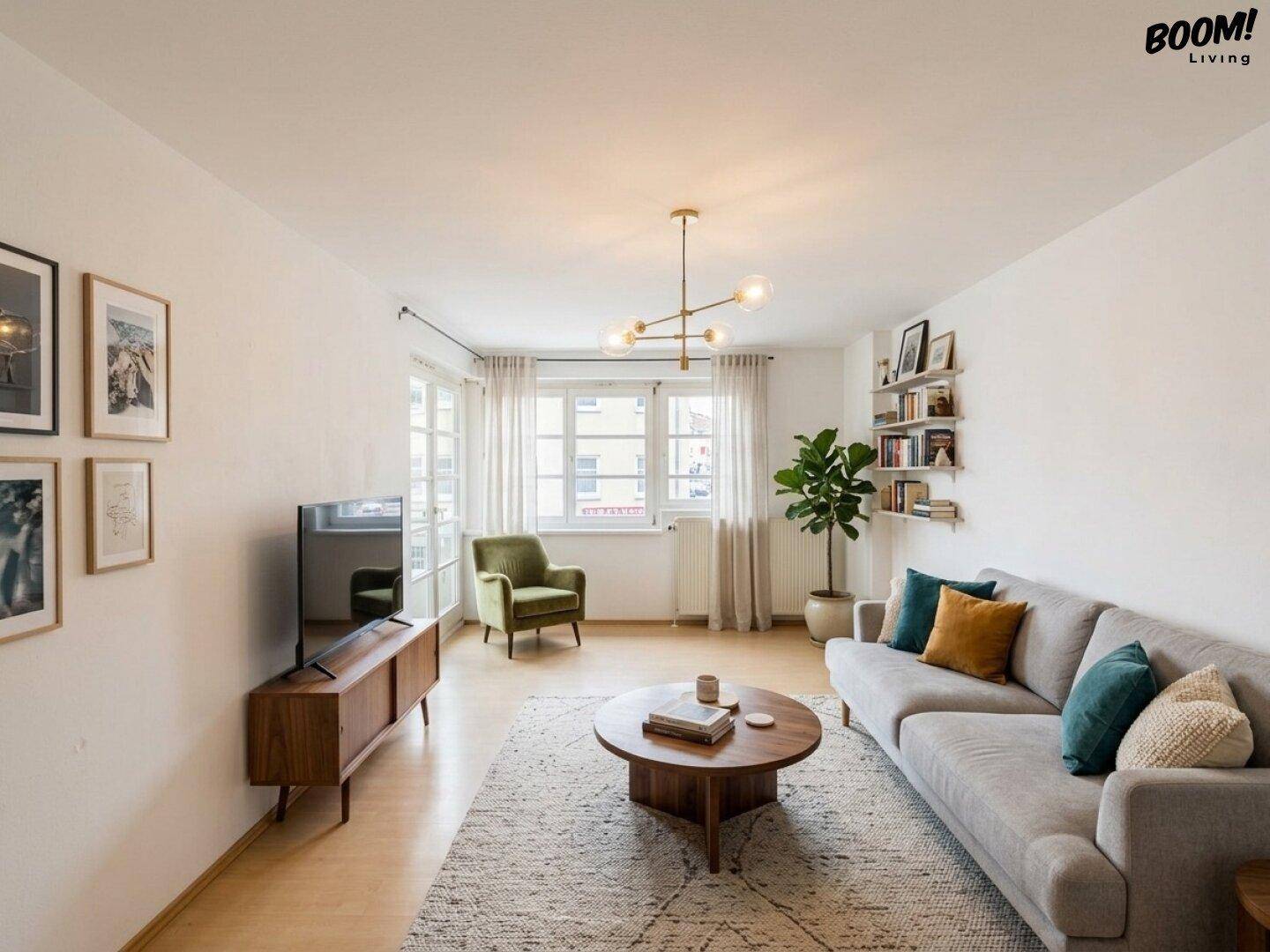 Helles Wohnzimmer mit modernem Sofa, Couchtisch und Blick auf die Fenster.
