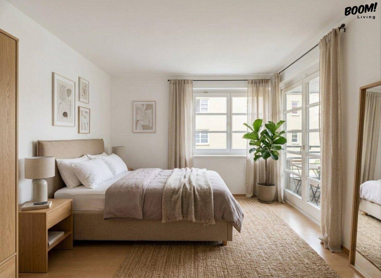Schlafzimmer mit Doppelbett, Nachttisch und direktem Zugang zu einem Balkon.