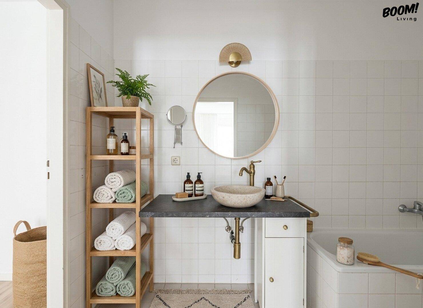 Modernes Badezimmer mit rundem Spiegel, Waschtisch und Badewanne.