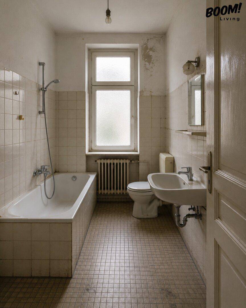 Badezimmer mit Badewanne, Waschbecken und Toilette, gefliest und mit Fenster.