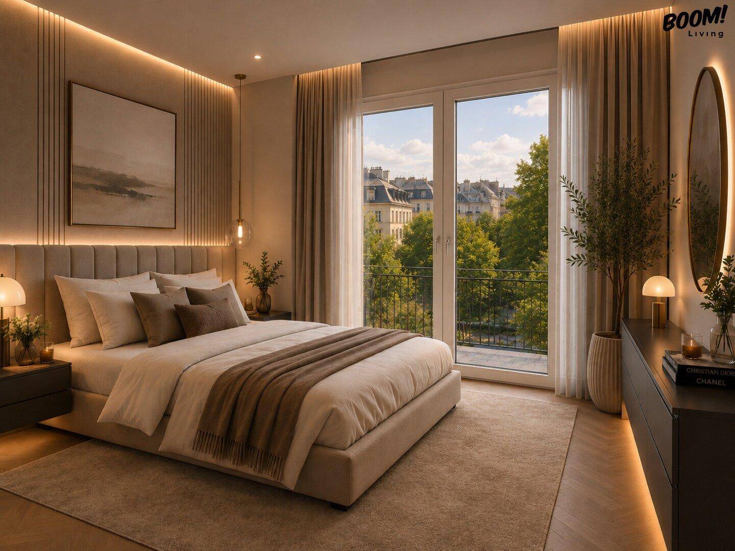 Modernes Schlafzimmer mit Zugang zum Balkon, weicher Beleuchtung und Stadtblick.