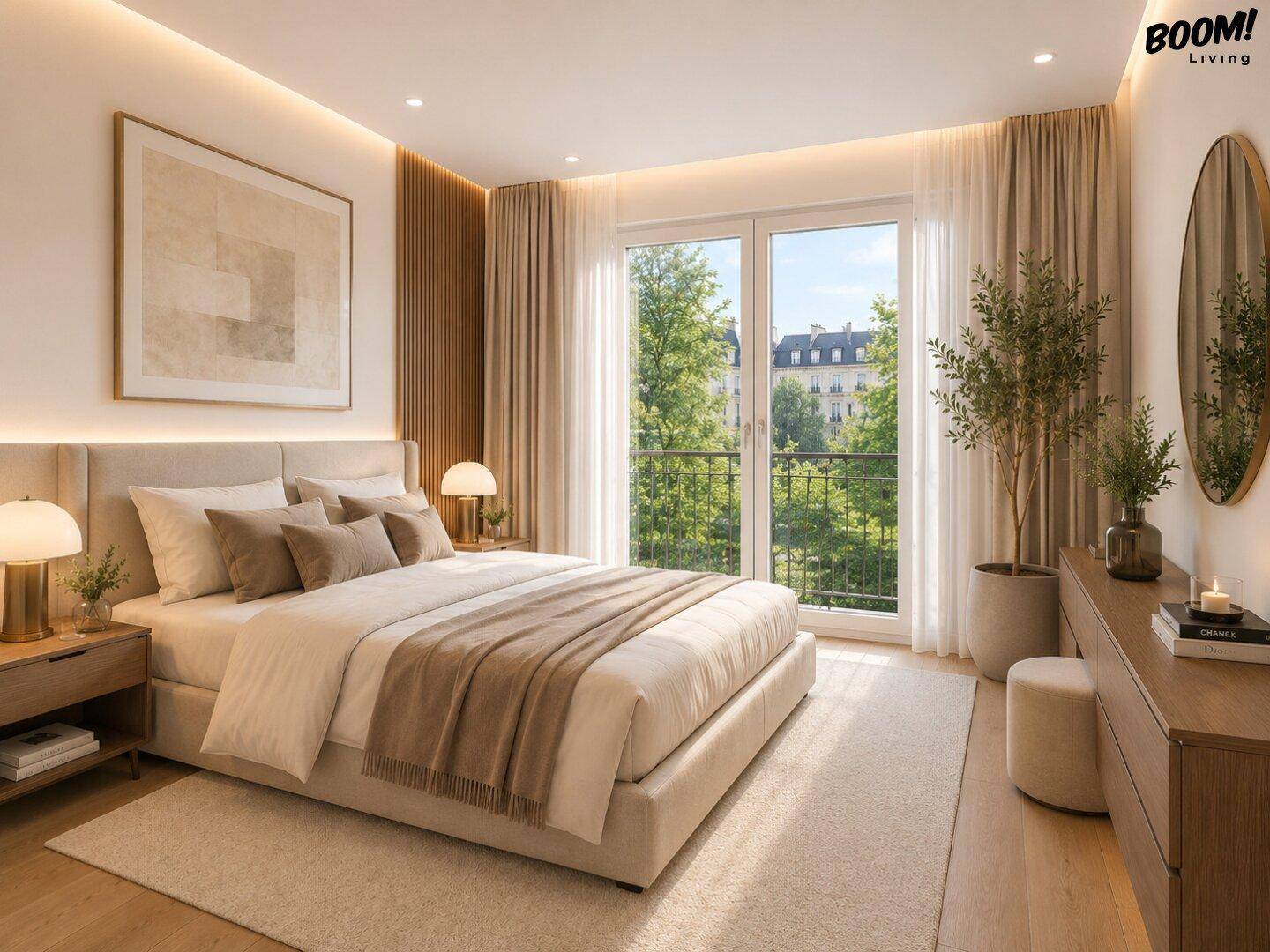 Modernes Schlafzimmer mit großen Fenstern, Balkonzugang und Blick ins Grüne.