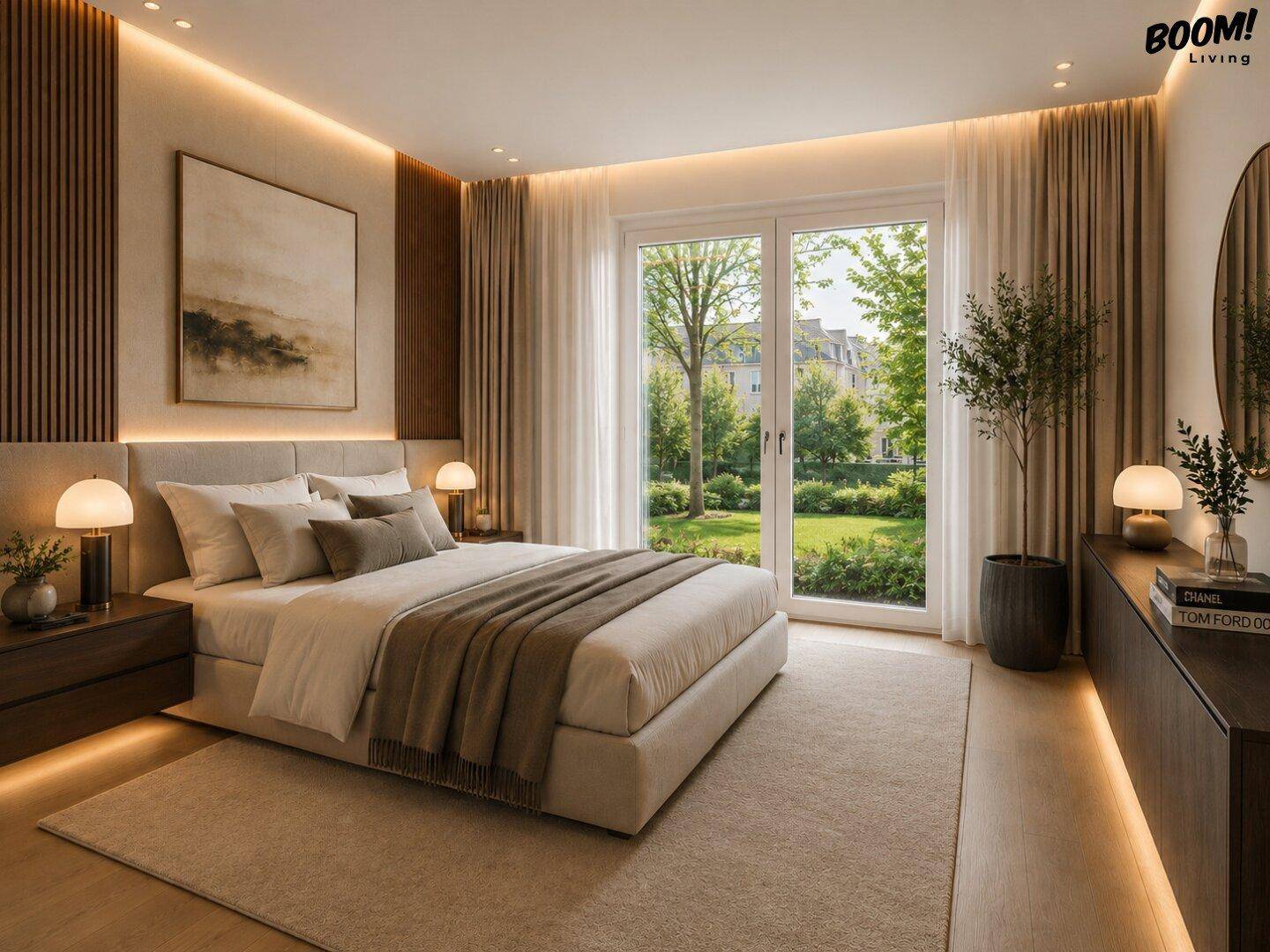 Helles Schlafzimmer mit großen Fenstern, Blick ins Grüne und indirekter Beleuchtung.