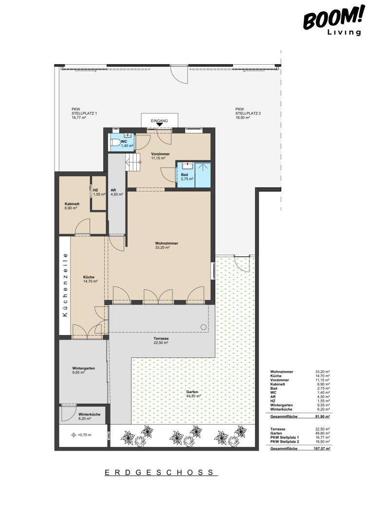 Grundriss des Erdgeschosses mit Wohnzimmer, Küche, Wintergarten, Terrasse und großem Gartenbereich.