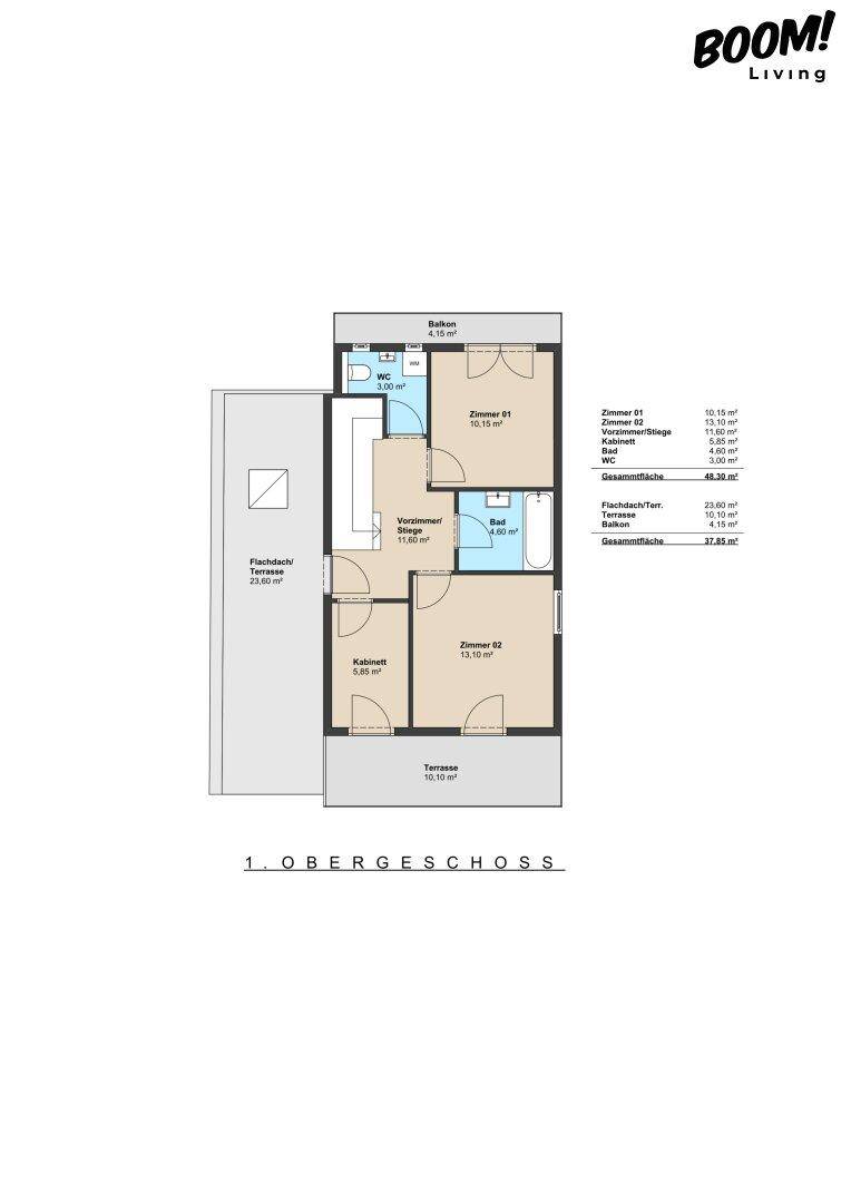 Grundriss des ersten Obergeschosses mit zwei Schlafzimmern, Bad, separatem WC, Balkon und Terrasse.
