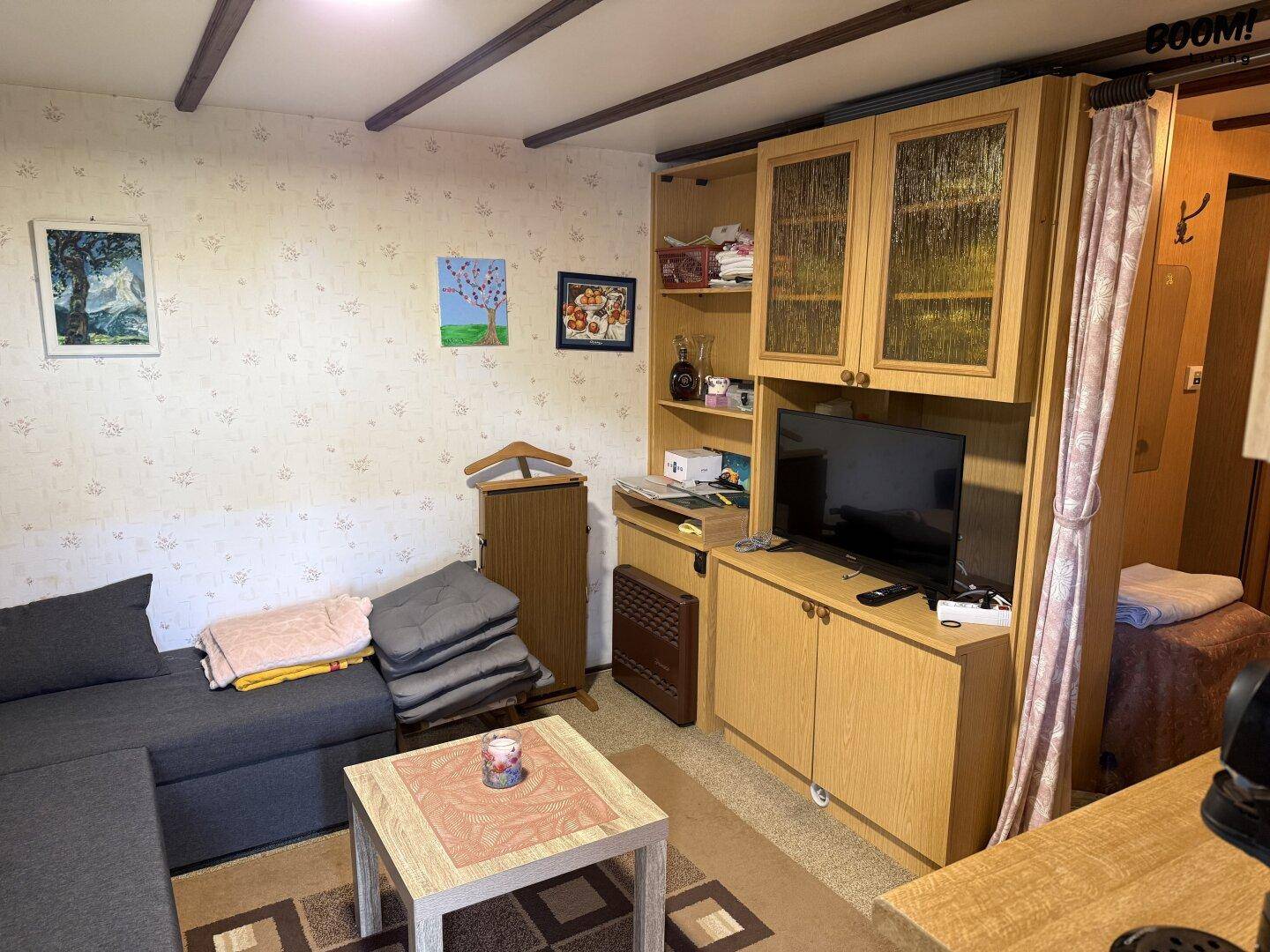 Wohnbereich mit Sofa, Fernseher und einem durch Vorhang abgetrennten Schlafbereich in rustikalem Stil.