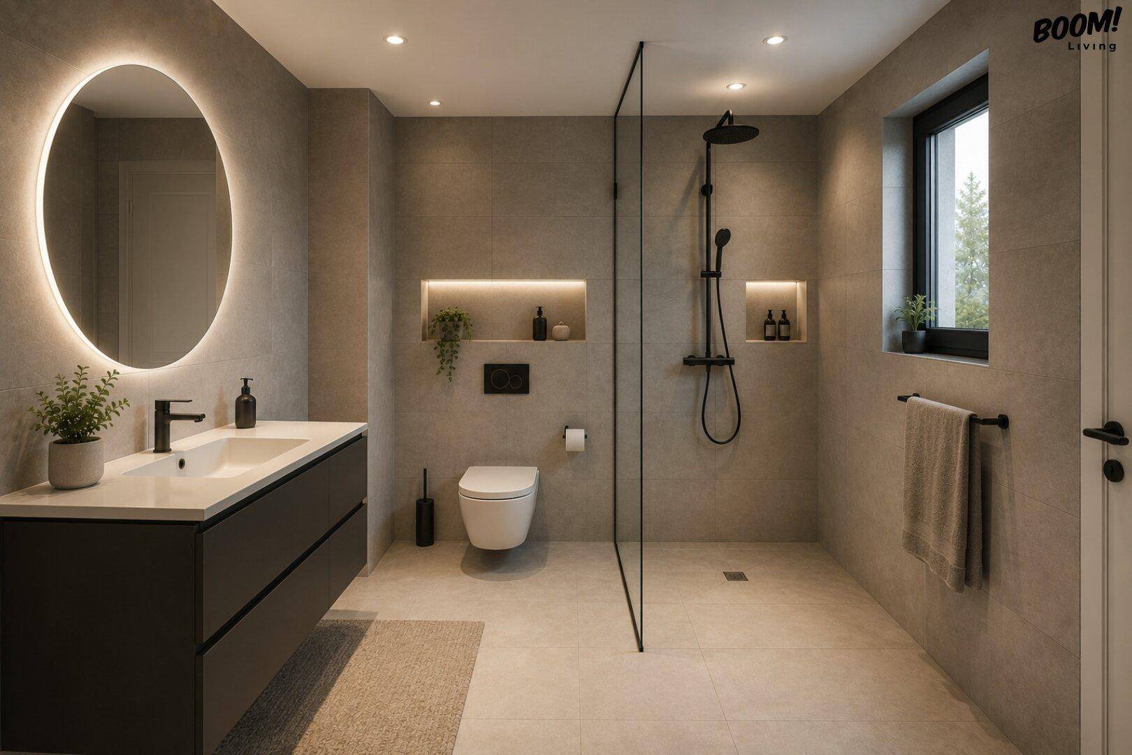 Modernes Badezimmer mit großen Fliesen, begehbarer Dusche und beleuchtetem Spiegel.
