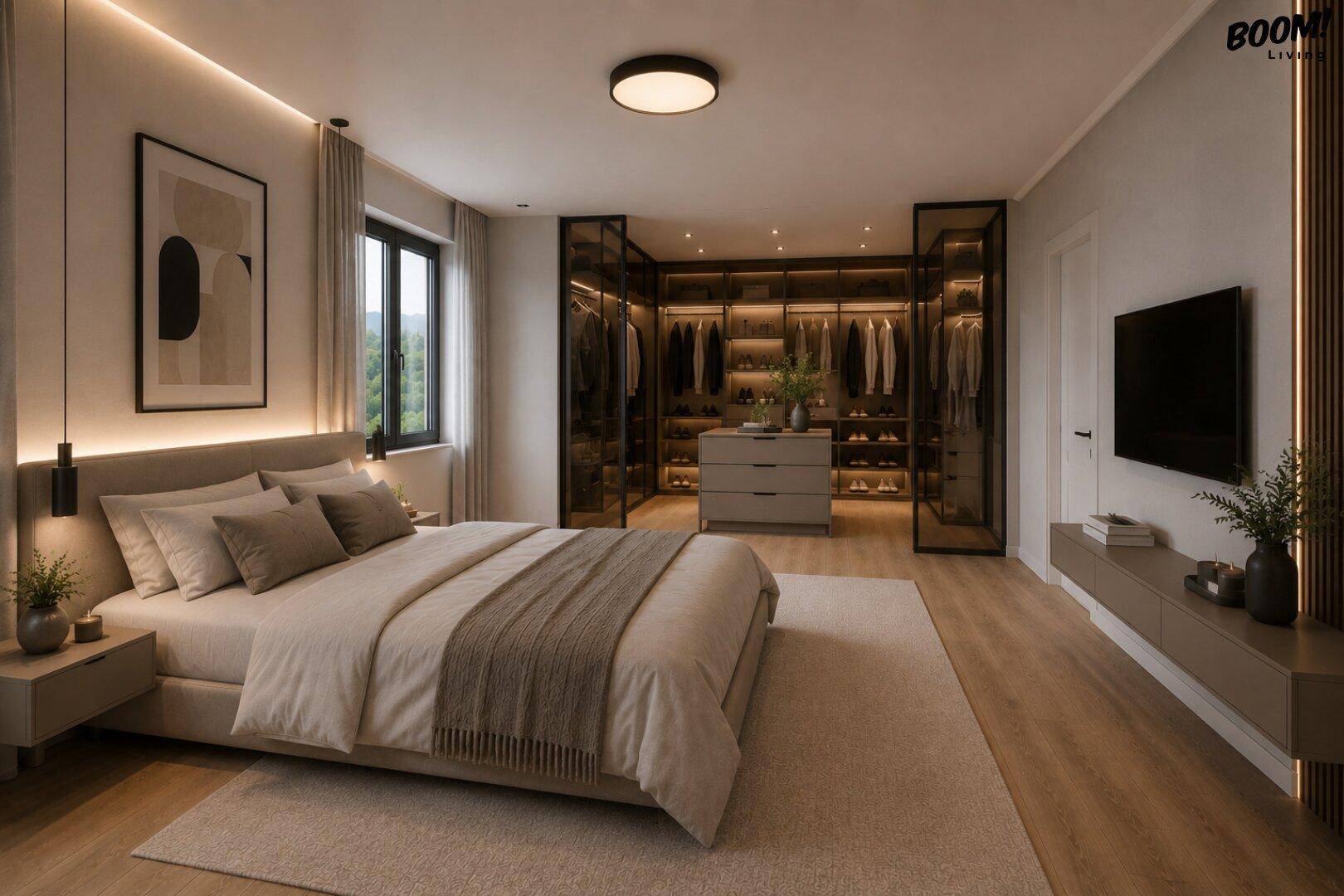 Geräumiges Schlafzimmer mit begehbarem Kleiderschrank, Holzboden und moderner Beleuchtung.