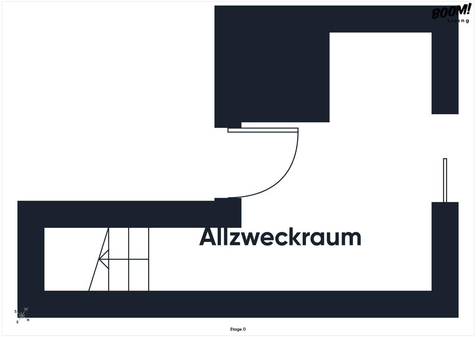 Grundriss des Erdgeschosses mit einem Allzweckraum und Treppenaufgang.
