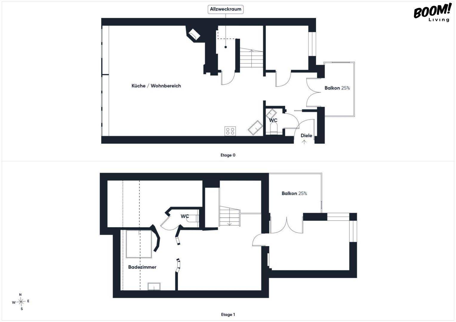 Grundriss der Etage 0 und Etage 1 mit Küche, Wohnbereich, Bad und Balkon.