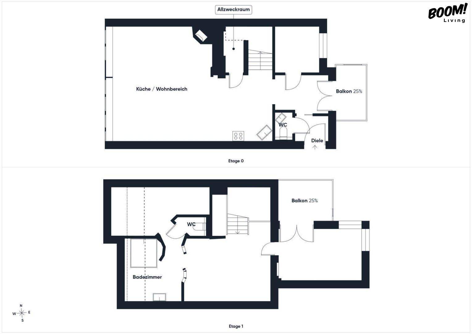 Grundriss der Etage 0 und Etage 1 mit Küche, Wohnbereich, Bad und Balkon.