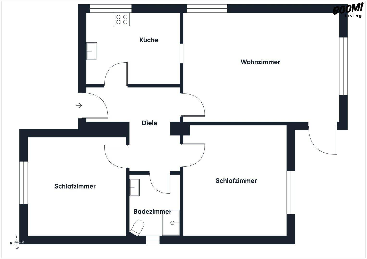 Grundriss der Wohnung mit Küche, Wohnzimmer, zwei Schlafzimmern und Badezimmer.