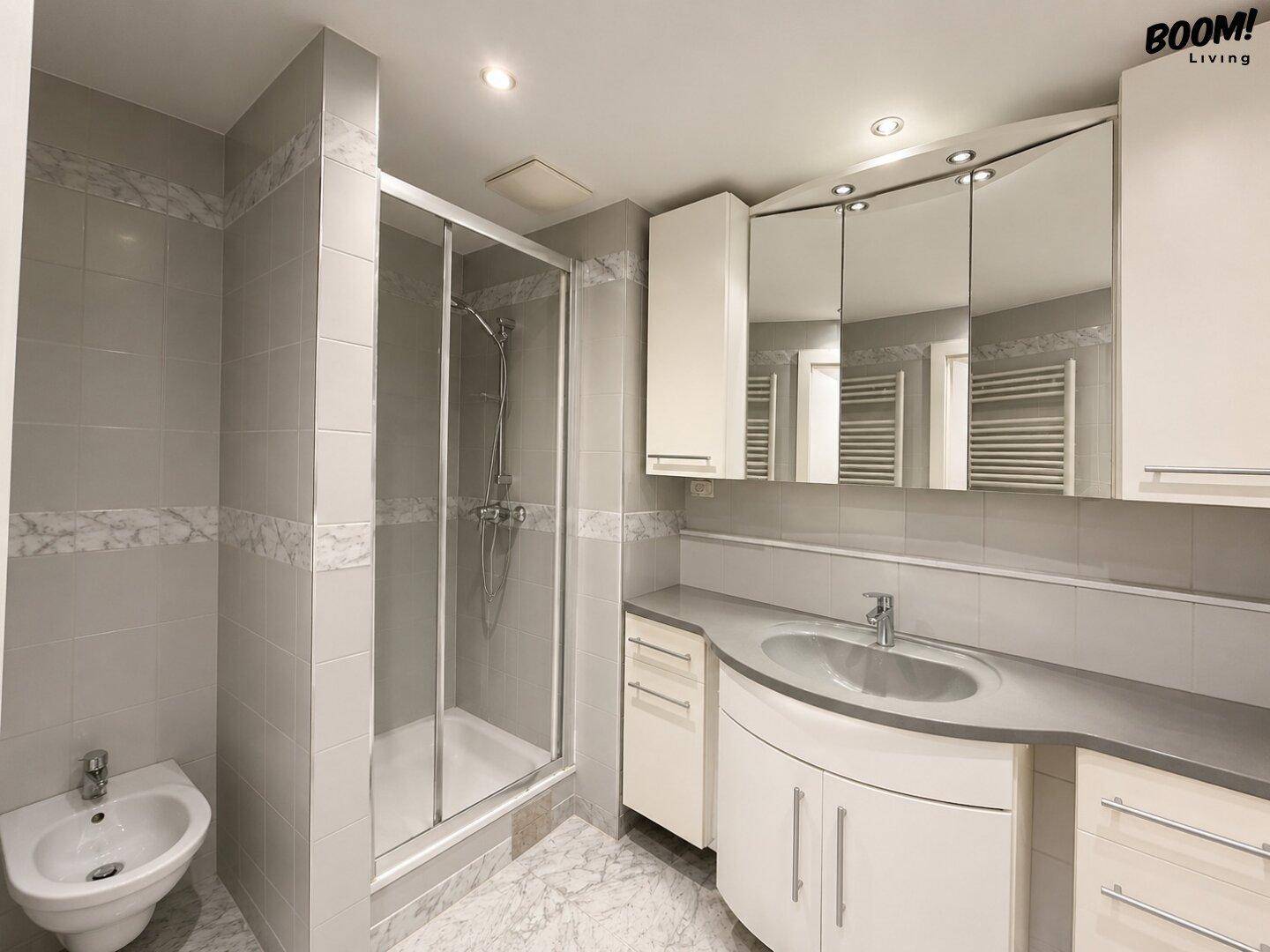 Modernes Badezimmer mit Duschkabine, Bidet, Einzelwaschbecken und Spiegelschrank.