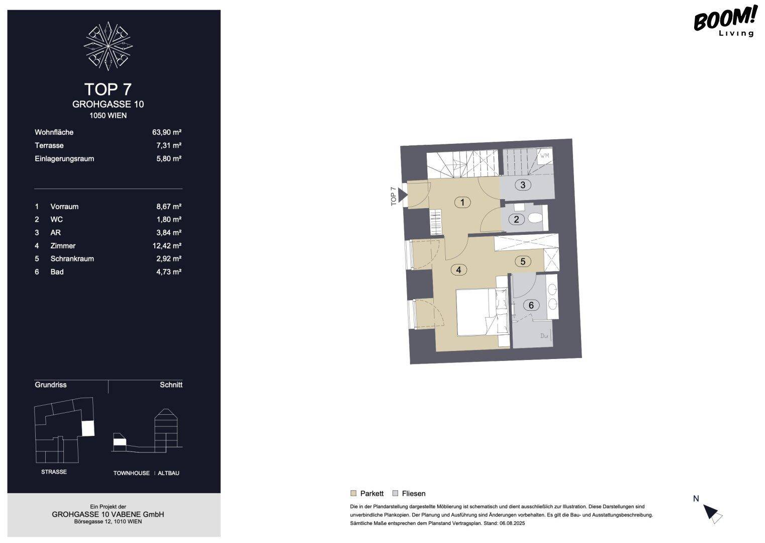 Grundriss der Wohnung Top 7 mit Wohnfläche, Terrasse und Abstellraum.