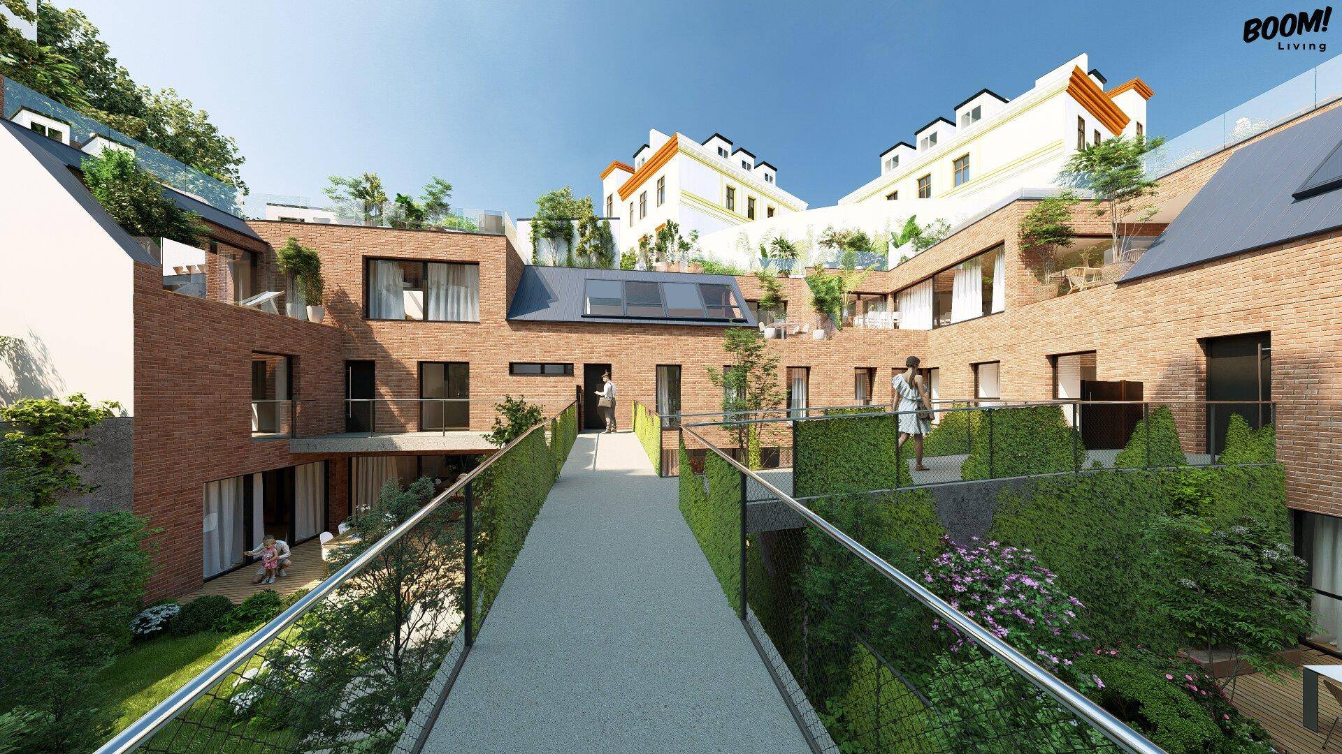 Visualisierung eines modernen Wohnkomplexes mit begrünten Fassaden und Wegen zwischen den Gebäuden.