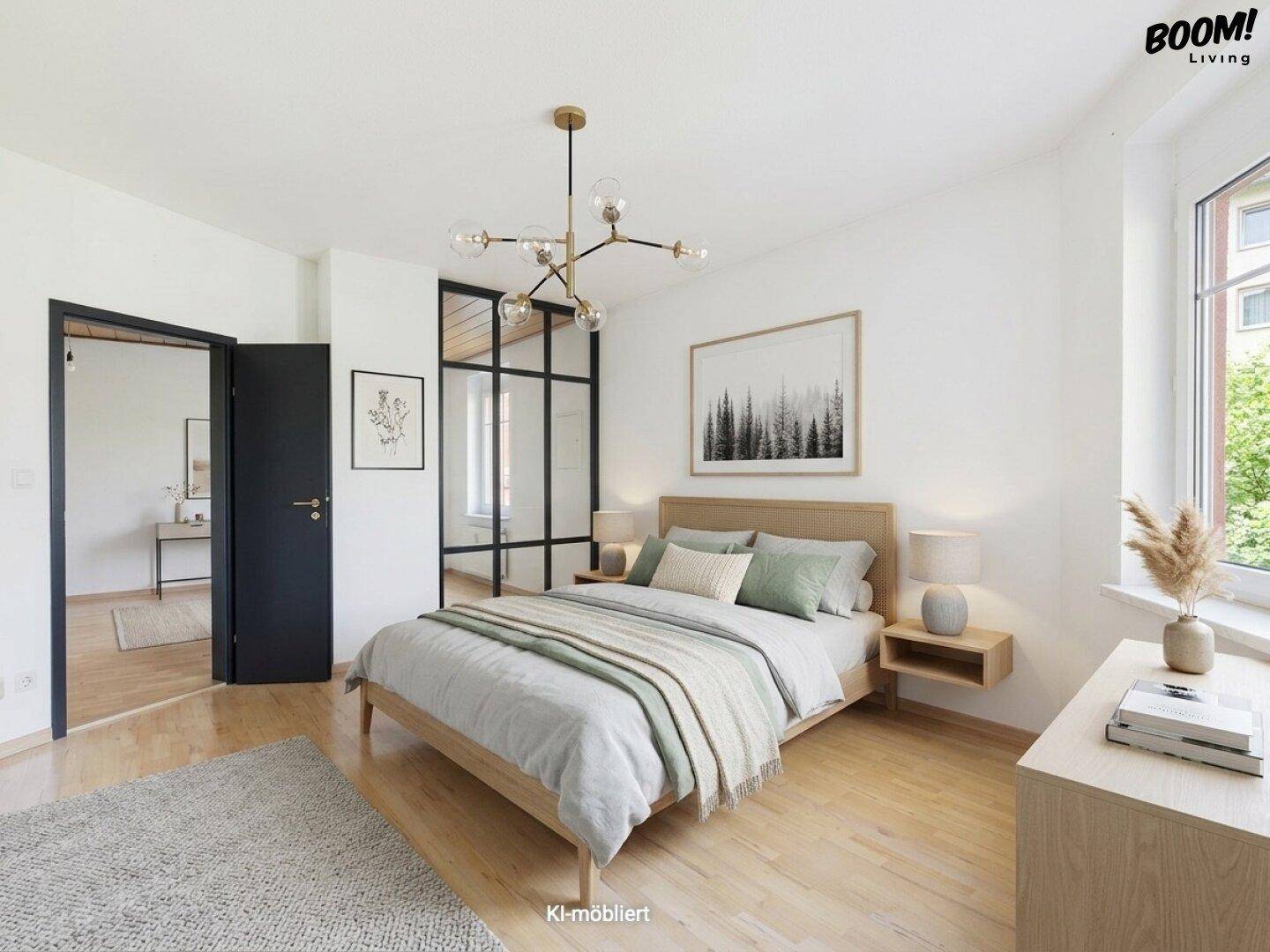 Modern eingerichtetes Schlafzimmer mit Holzbett, Parkettboden und stilvoller Beleuchtung.