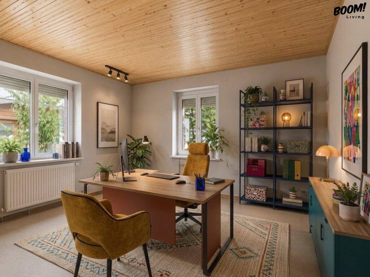 Modernes Arbeitszimmer mit Holzboden, großen Fenstern und stilvoller Einrichtung, ideal für Home-Office.