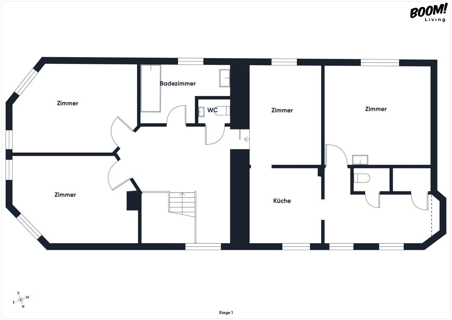 Grundriss der ersten Etage mit mehreren Zimmern, Badezimmer und separatem WC.