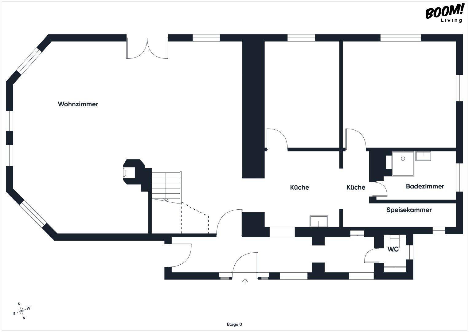 Grundriss des Erdgeschosses mit großem Wohnzimmer, Küche, Bad und Speisekammer.