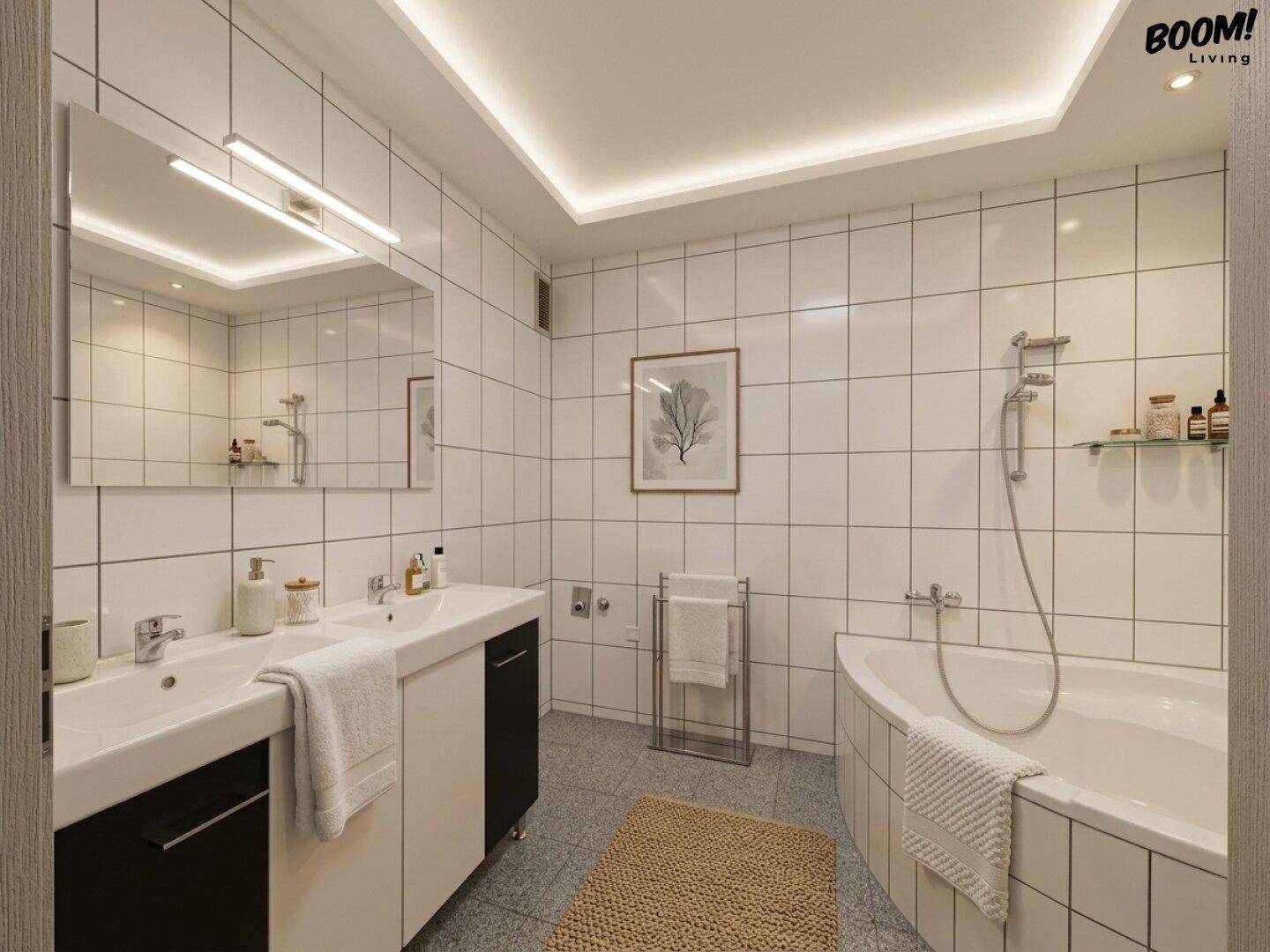 Virtuell möbliertes Badezimmer mit weißen Fliesen, Doppelwaschbecken und Eckbadewanne.