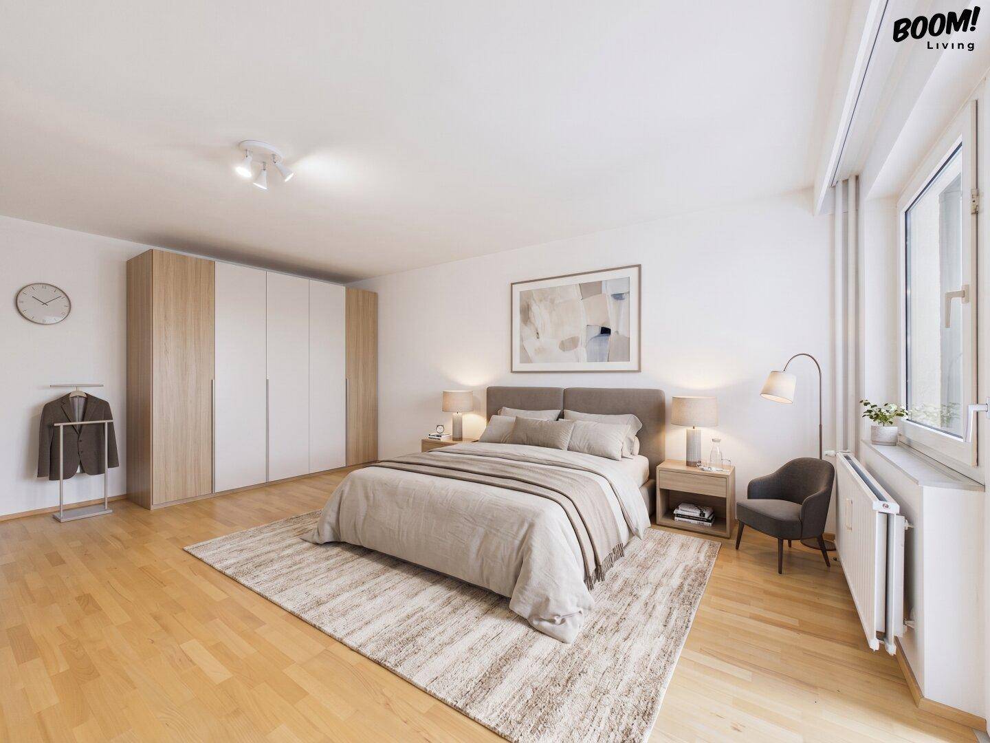 Virtuell eingerichtetes Schlafzimmer mit Parkettboden, großem Bett und modernen Einbauschränken.