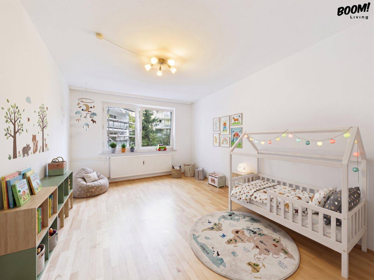 Virtuell eingerichtetes Kinderzimmer mit Parkettboden, bunten Dekorationen und viel Tageslicht.