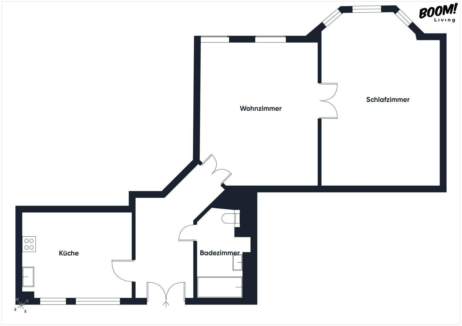 Grundriss der Wohnung mit separater Küche, Bad, Wohn- und Schlafzimmer.