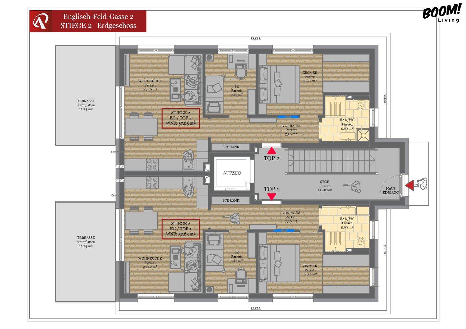 Grundrissplan des Erdgeschosses mit zwei identischen Wohnungen, jeweils mit offener Wohnküche, Schlafzimmer, Bad und großer Terrasse.