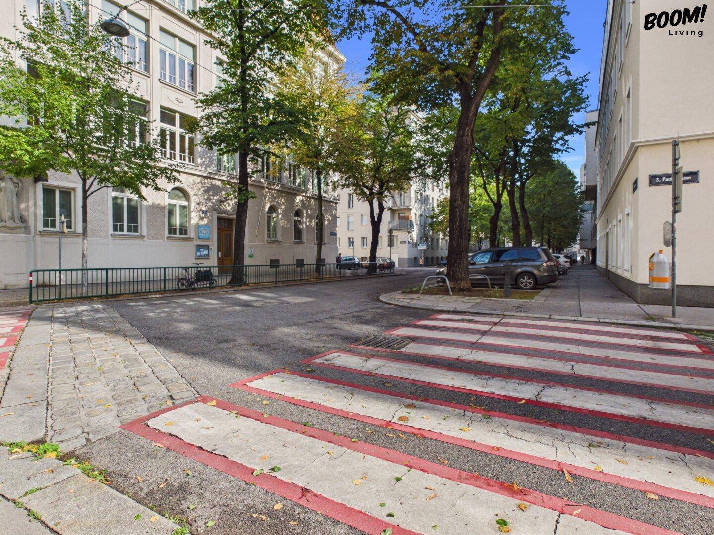 Ruhige Wohnstraße mit Bäumen, Zebrastreifen und geparkten Autos in der Stadt.