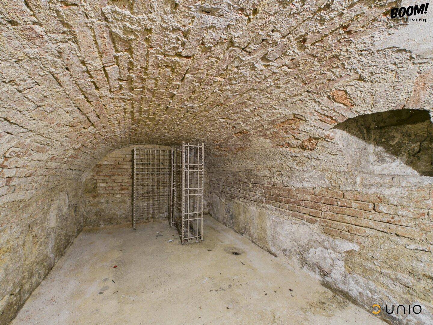 Historischer Kellerraum mit Ziegelgewölbe und robusten Ziegelwänden, ideal für Lagerung.