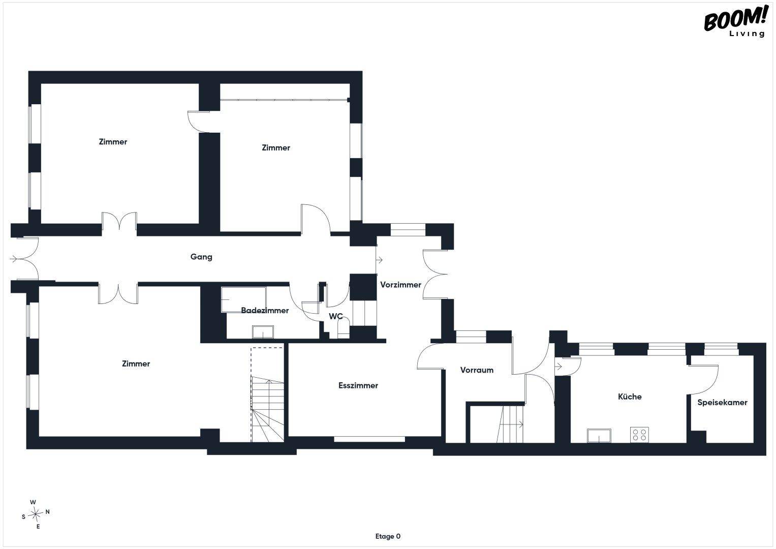 Grundriss der Etage 0 mit Küche, Esszimmer, Bad, WC und mehreren Zimmern.