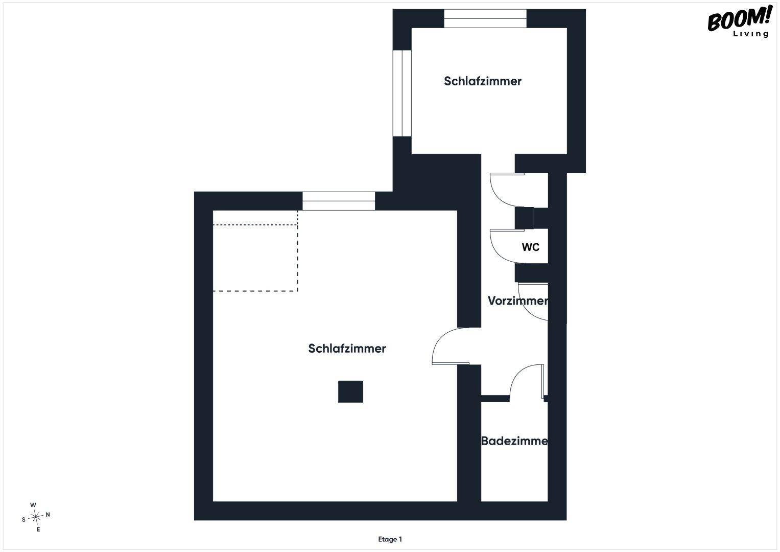 Grundriss der Etage 1 mit zwei Schlafzimmern, Badezimmer und separatem WC.