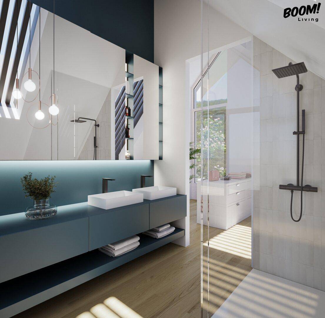 Modernes Badezimmer mit Doppelwaschbecken, großer Dusche und Dachschräge.