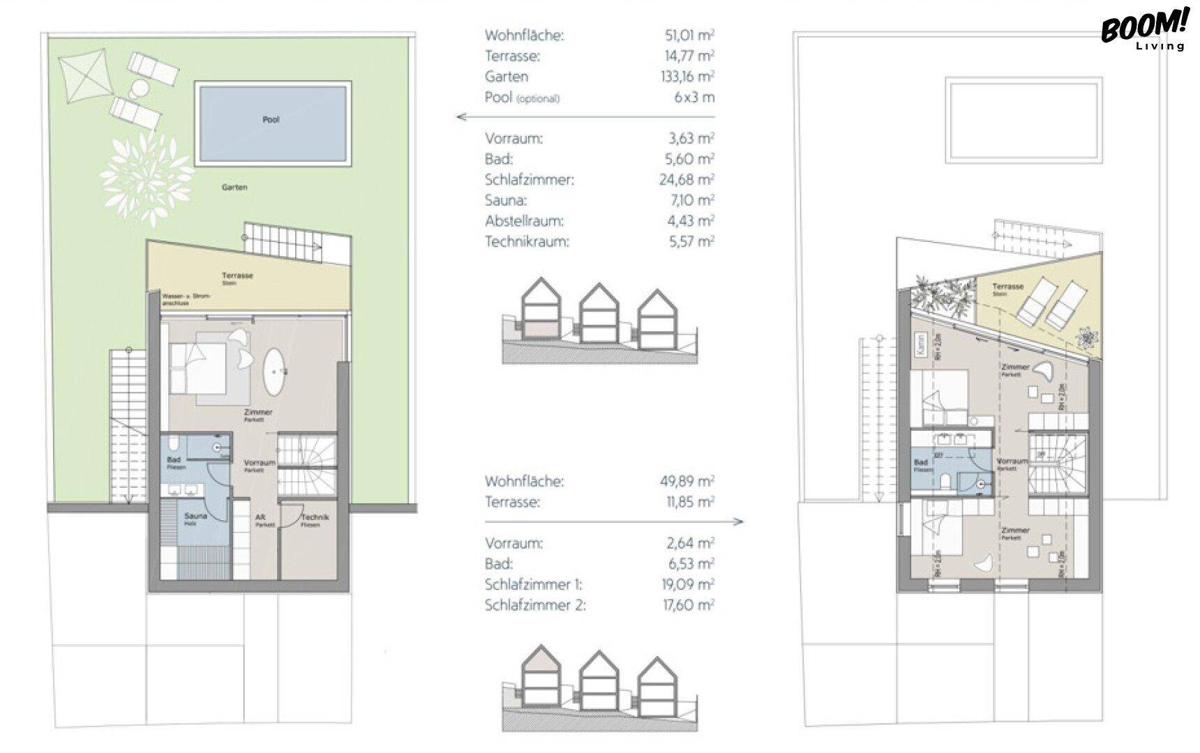 Zwei Grundrisse mit verschiedenen Ebenen, die Schlafzimmer, Bäder, Sauna und einen optionalen Poolbereich zeigen.