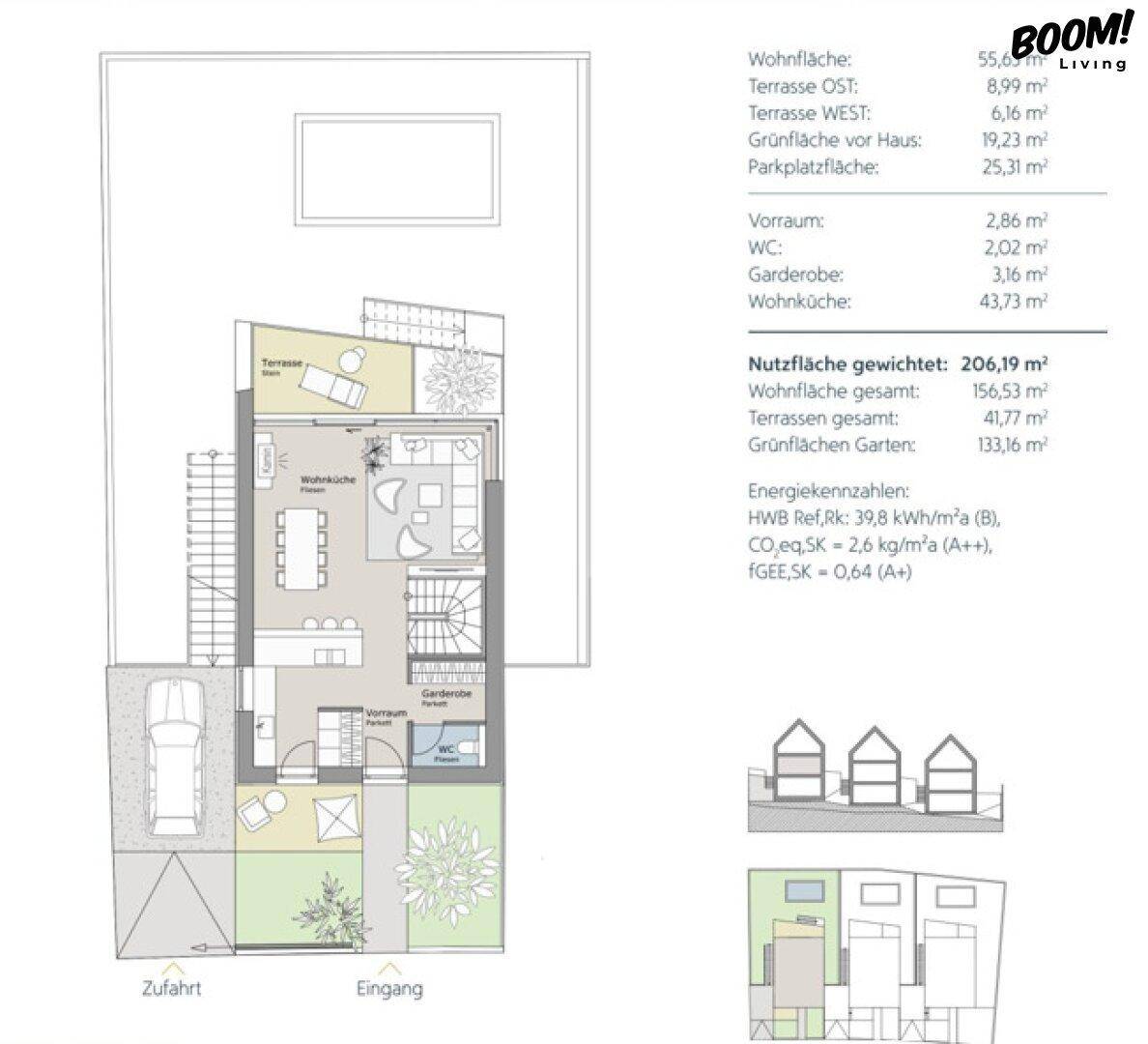 Detaillierter Grundriss des Erdgeschosses mit Wohnküche, Terrasse, Garten und Parkplatz.