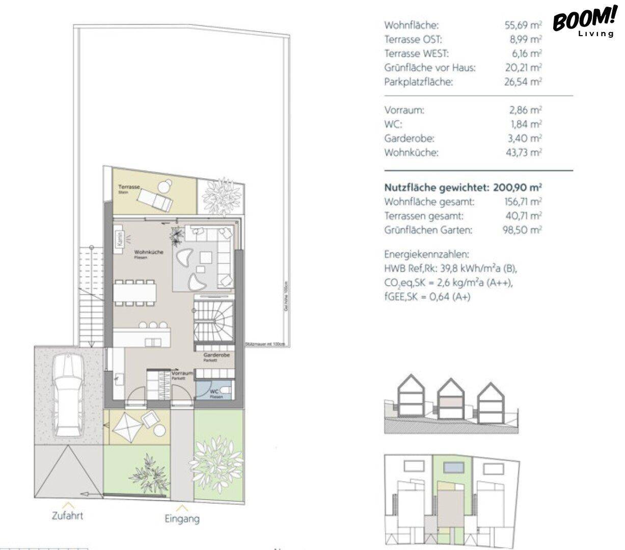 Grundriss des Erdgeschosses mit offenem Wohnbereich, Terrasse und Parkplatz.