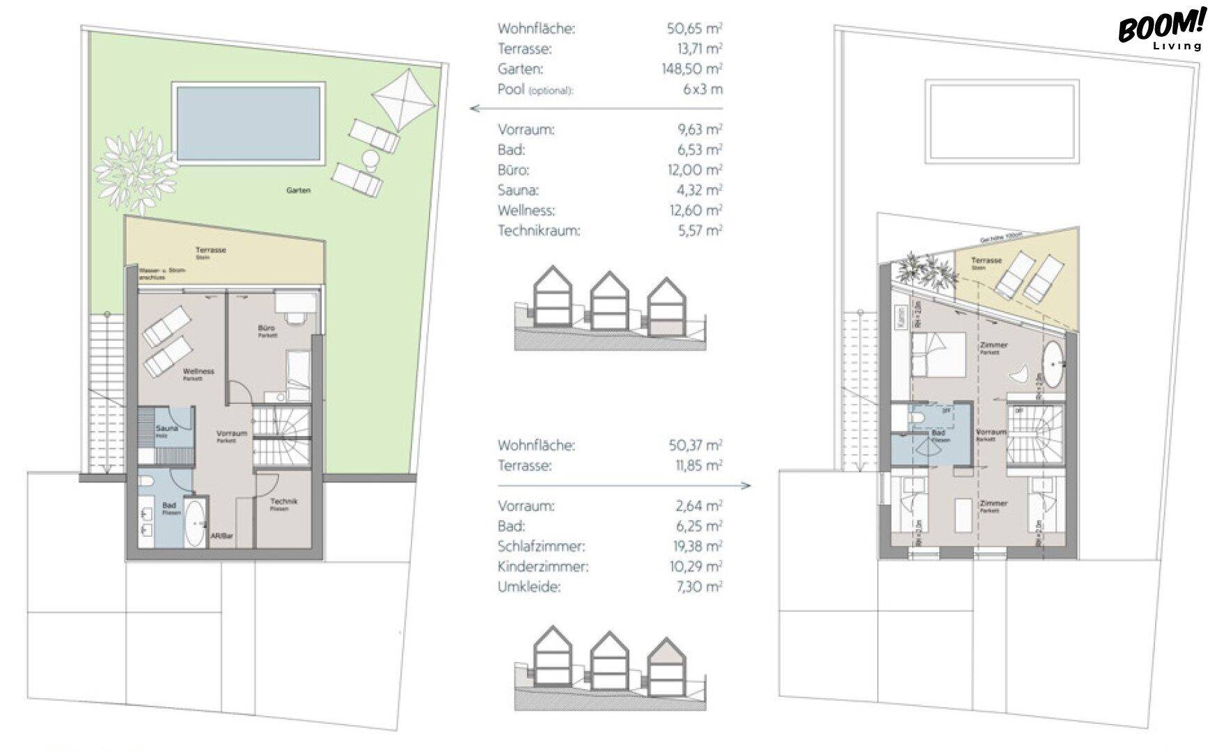 Grundrissplan mit zwei Ebenen, Pool, Terrasse und Wellnessbereich.