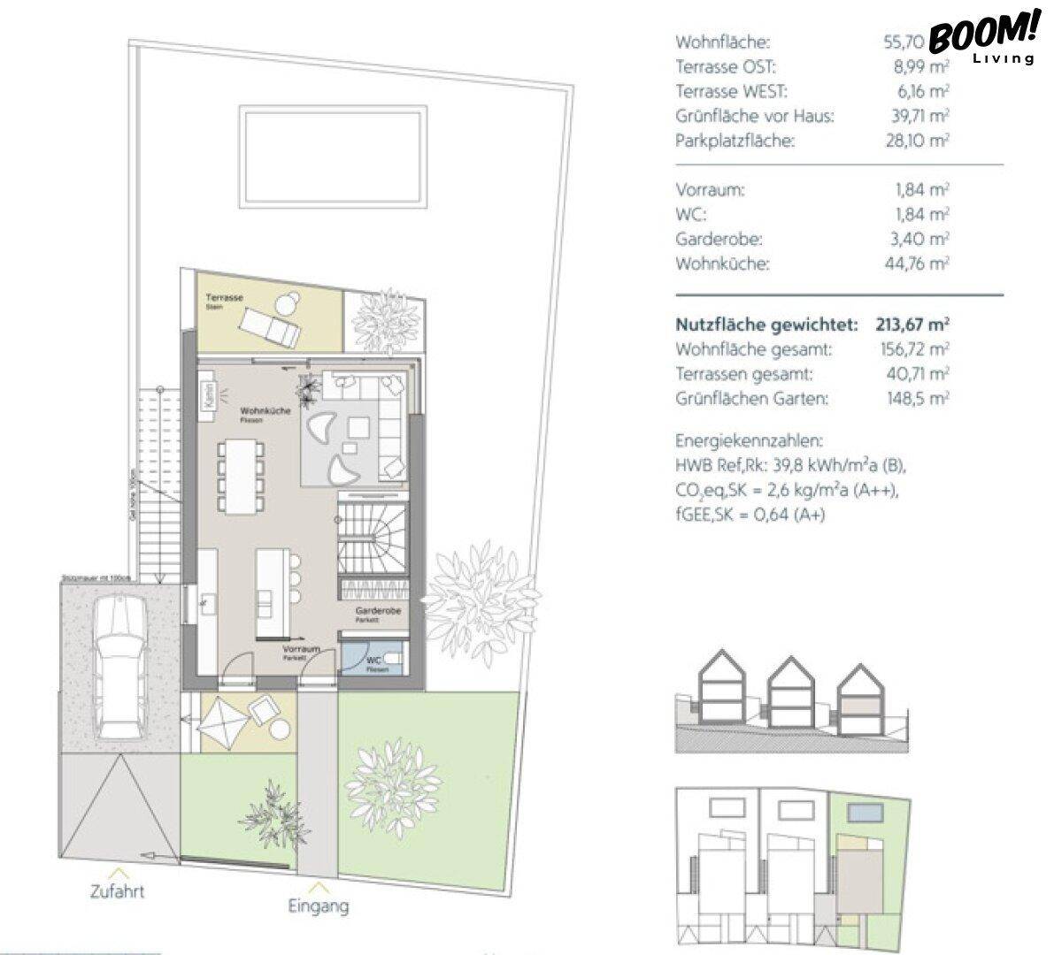 Grundrissplan des Erdgeschosses mit Wohnküche, Terrasse und Garten.