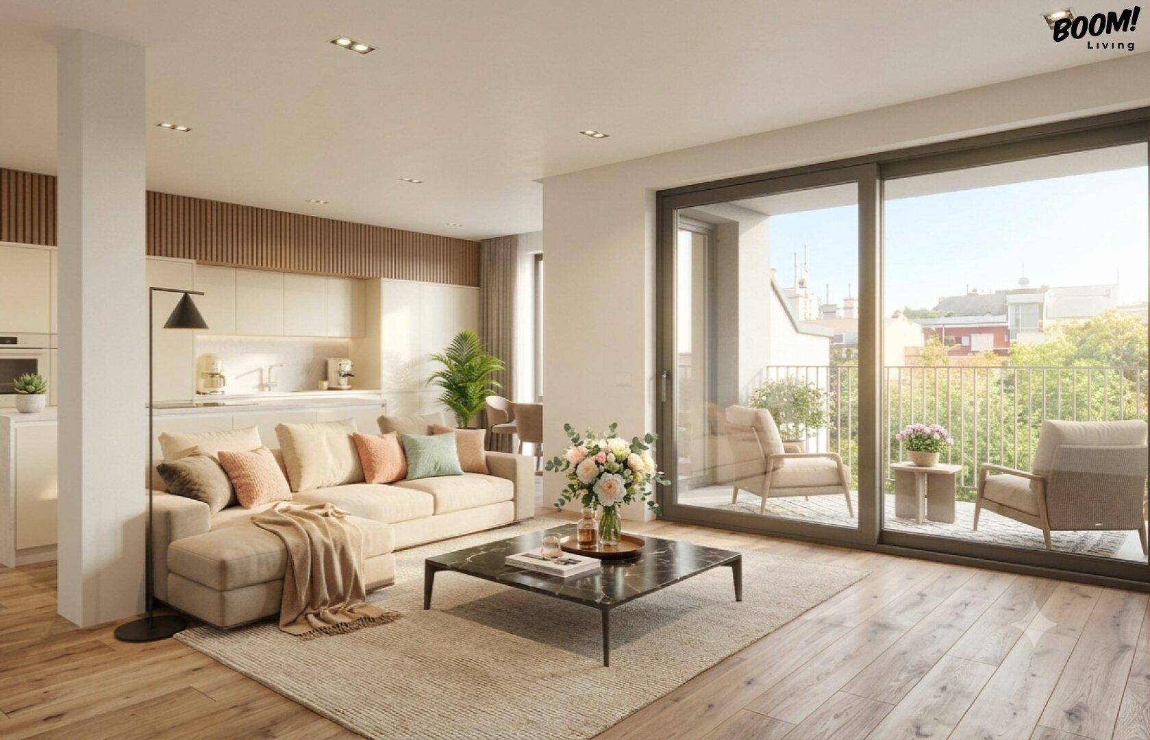 Gemütliches Wohnzimmer mit Sofa, Holzboden und großen Fenstern zum Balkon.