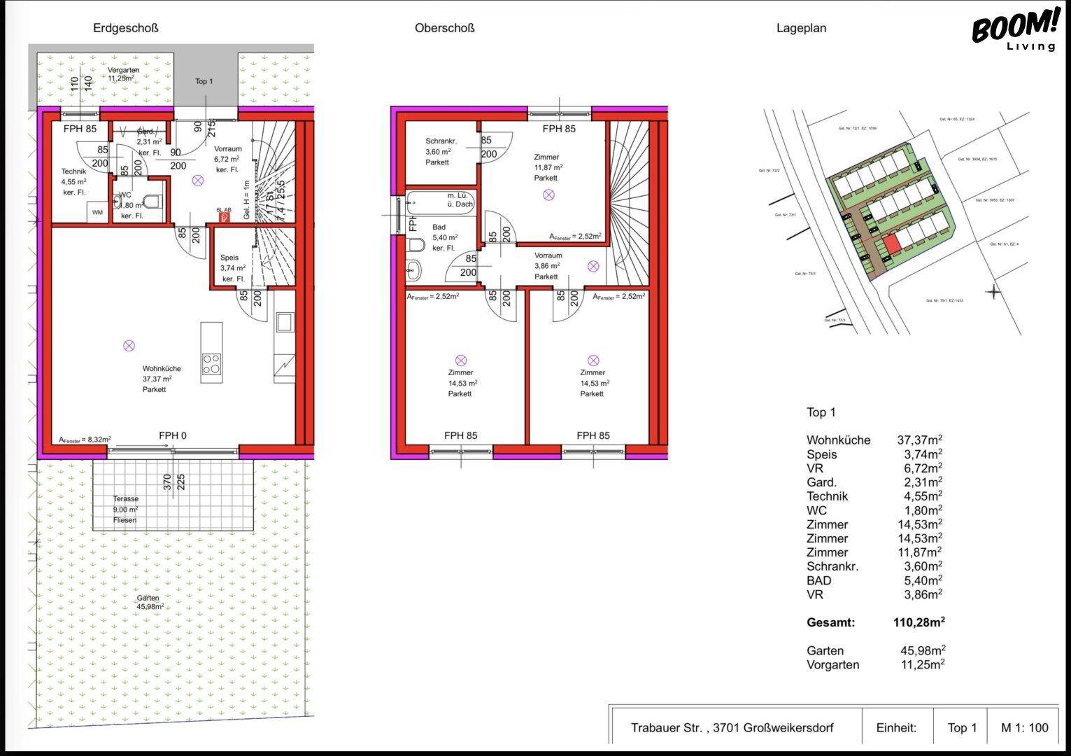 Grundrisspläne für Erd- und Obergeschoss eines Hauses mit offener Wohnküche, Terrasse und Garten.