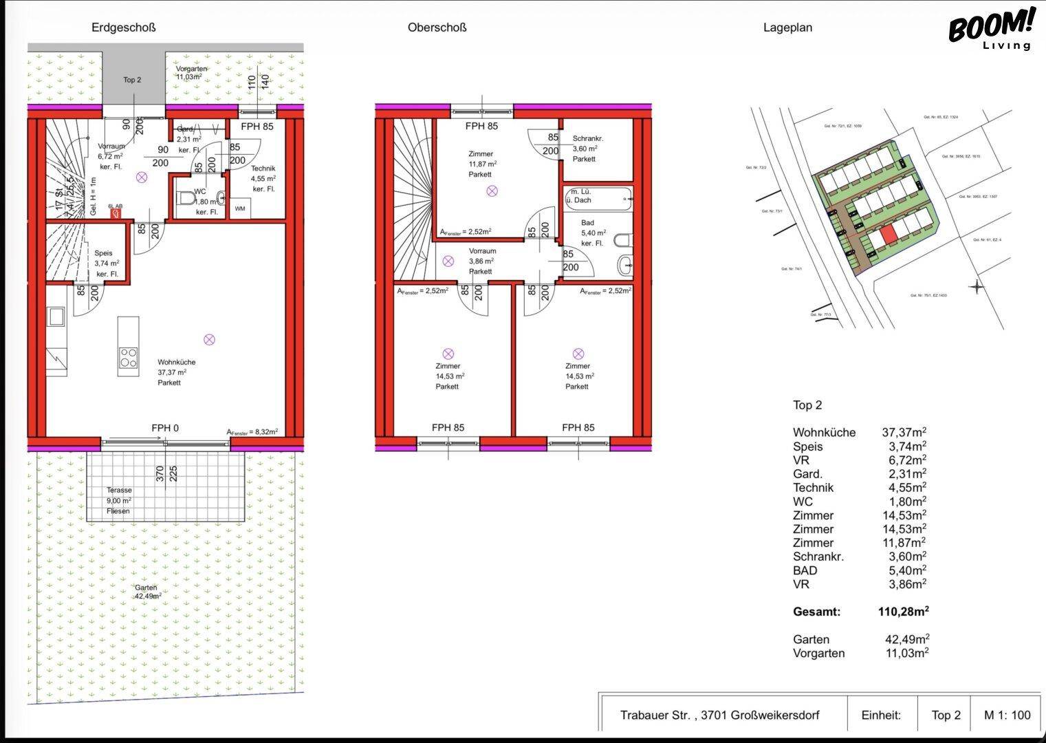 Grundriss des Erdgeschosses und Obergeschosses eines Neubaus mit offener Wohnküche, Terrasse und Garten.